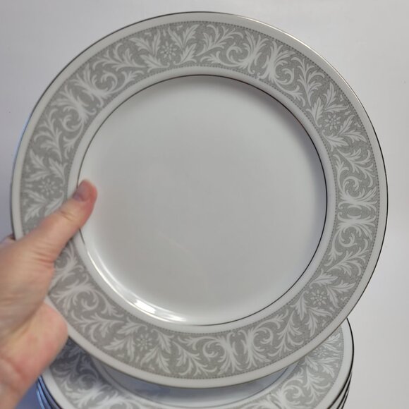 FOUR Imperial China Whitney Dinner Plates White Gray Band Leaf Scrolls W. Dalton - Picture 2 of 15